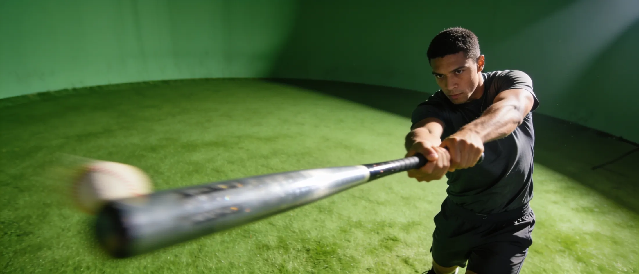 A batter mid-swing with an aluminium bat on a green-lit training field.