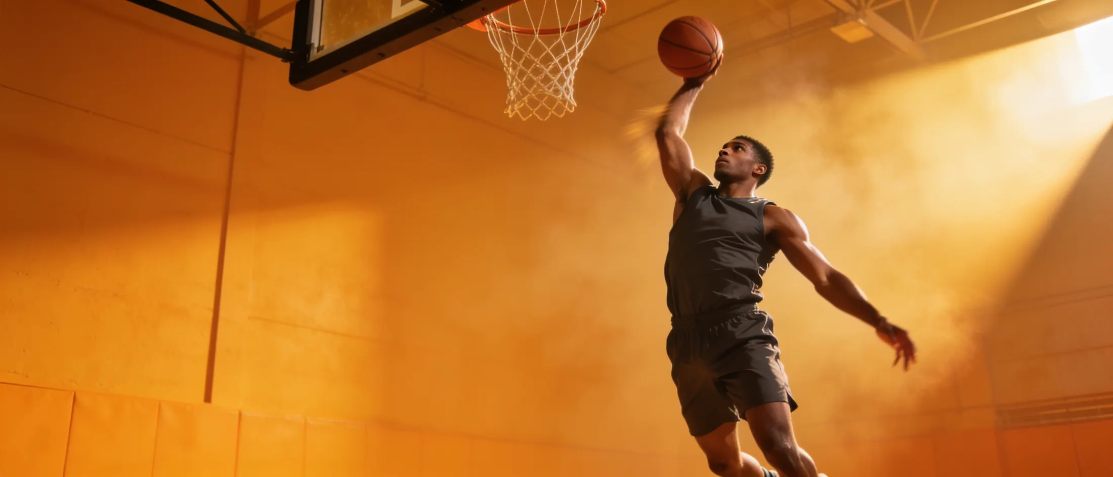 A player rising for a layup on an amber-lit indoor court.