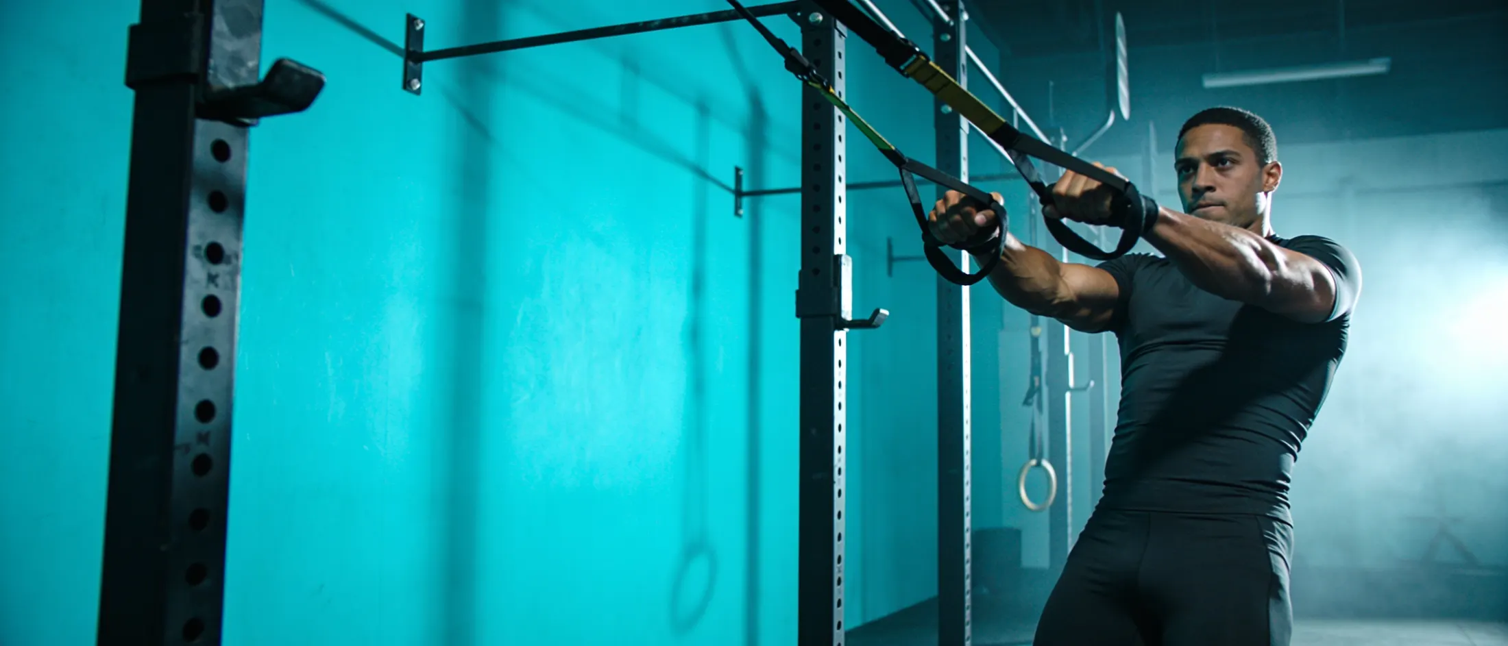An athlete pulling a fabric resistance band taut in a cyan-lit gym.