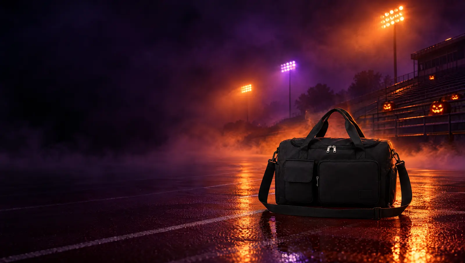 The black weekender gym duffel on a foggy stadium track at night, lit by orange and violet floodlights, with jack-o'-lanterns at the edge of the lane.