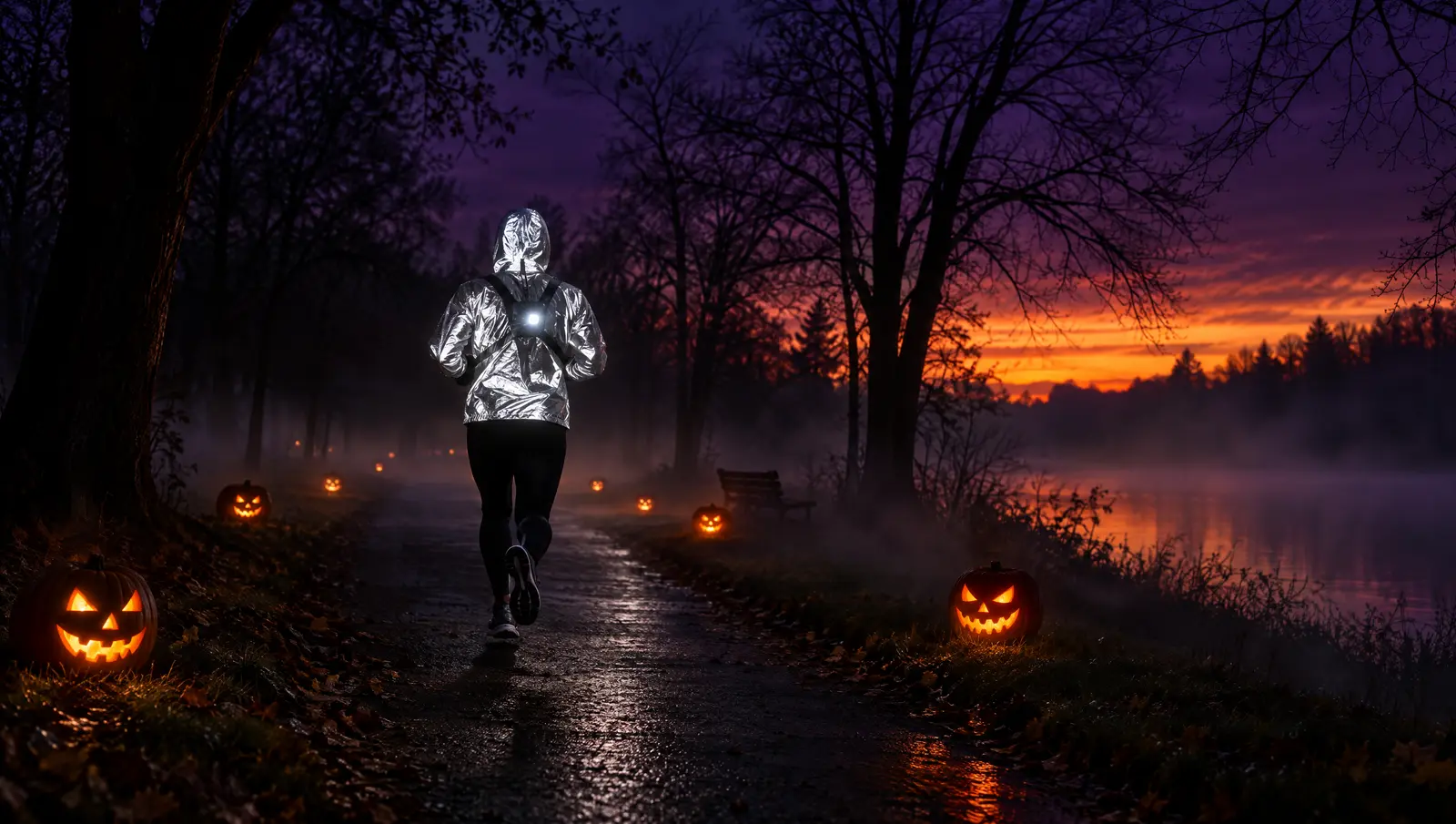 A runner in a reflective jacket on a foggy path lined with glowing pumpkins at night.