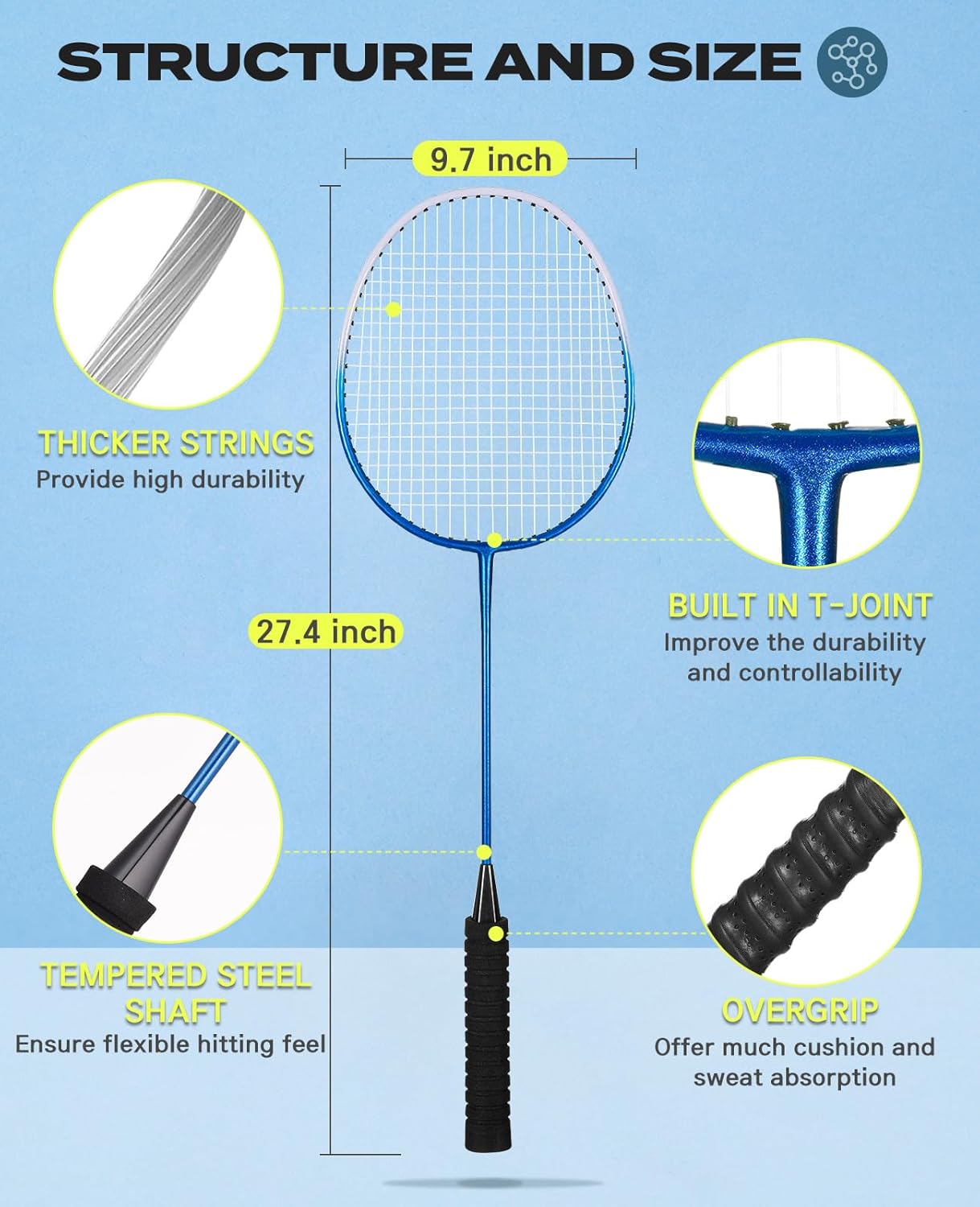 Badminton Rackets Set of 4 for Outdoor Backyard Games