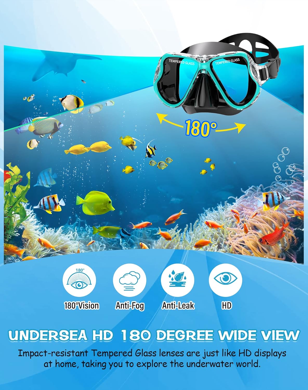 Dry Snorkel Set, Panoramic Wide View, Anti-Fog Scuba Diving Mask