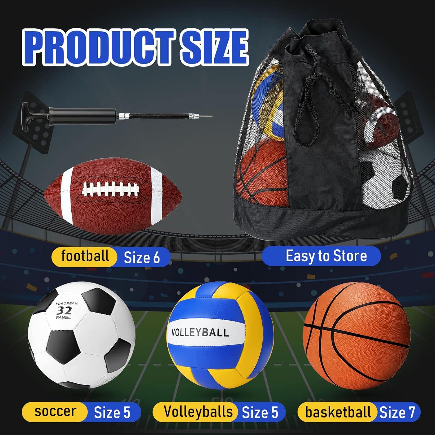 4 Set of Sport Balls Include Basketball, Soccer Ball, Football, Volleyball