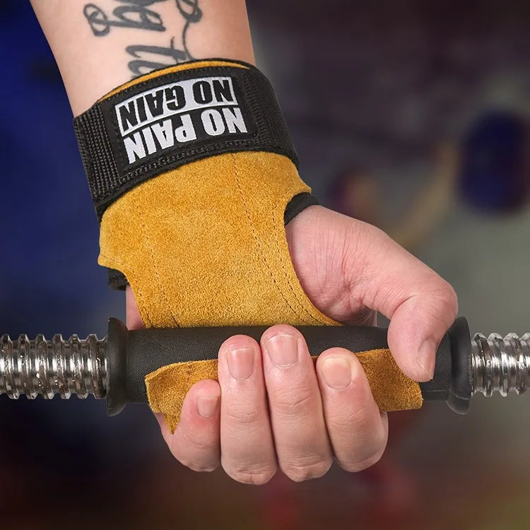 Cowhide Gym Gloves Weight Lifting Grips Deadlift Power Pads