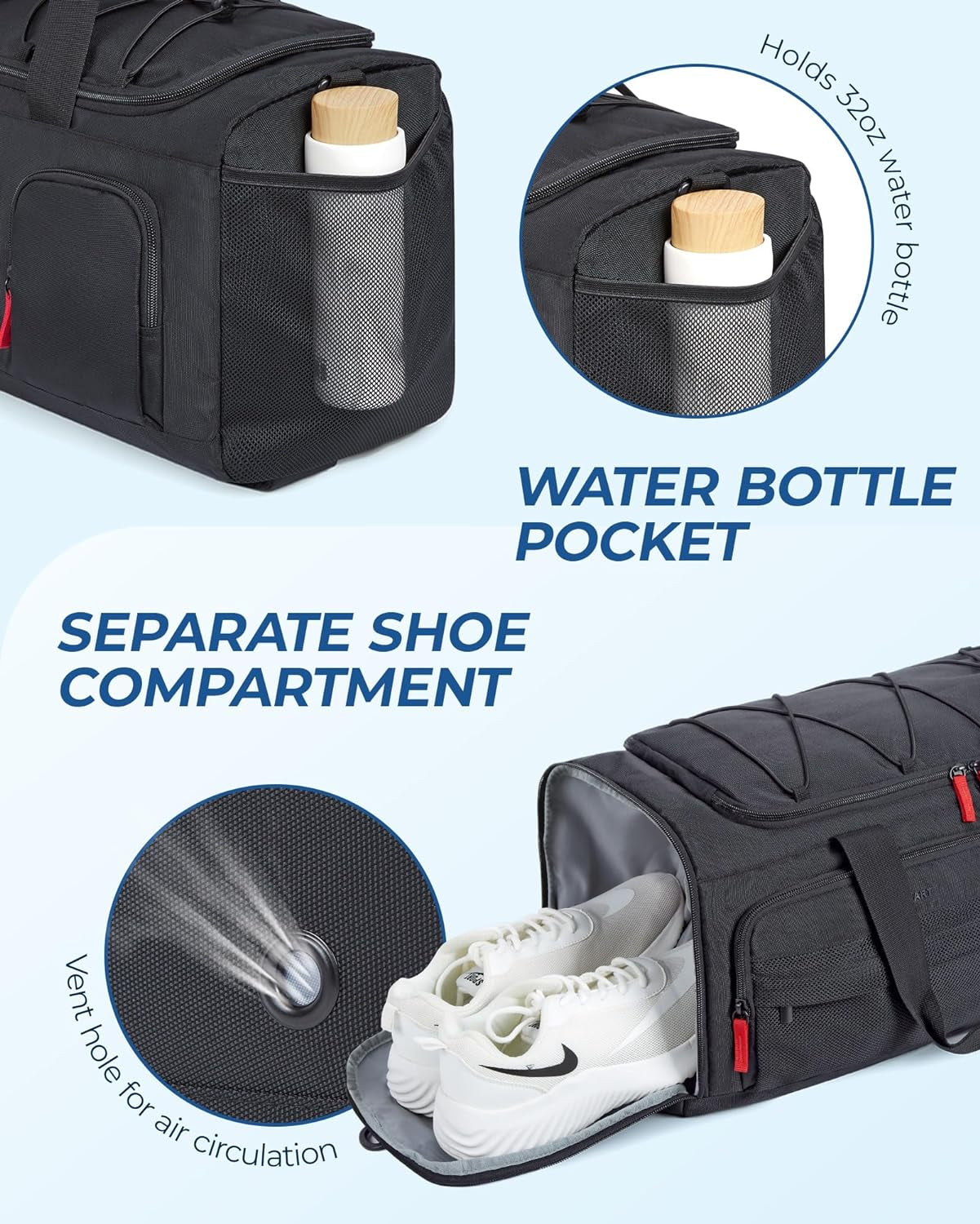 Gym Bag for Women & Men, 35L Sports Travel Duffel Bag with Compartment, Black