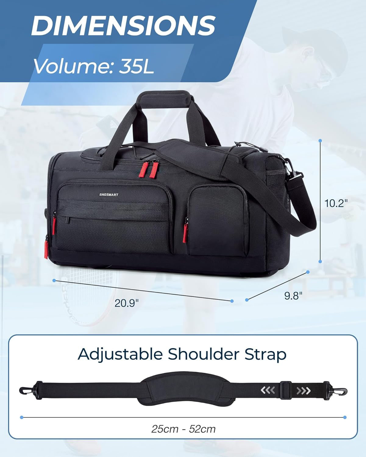Gym Bag for Women & Men, 35L Sports Travel Duffel Bag with Compartment, Black