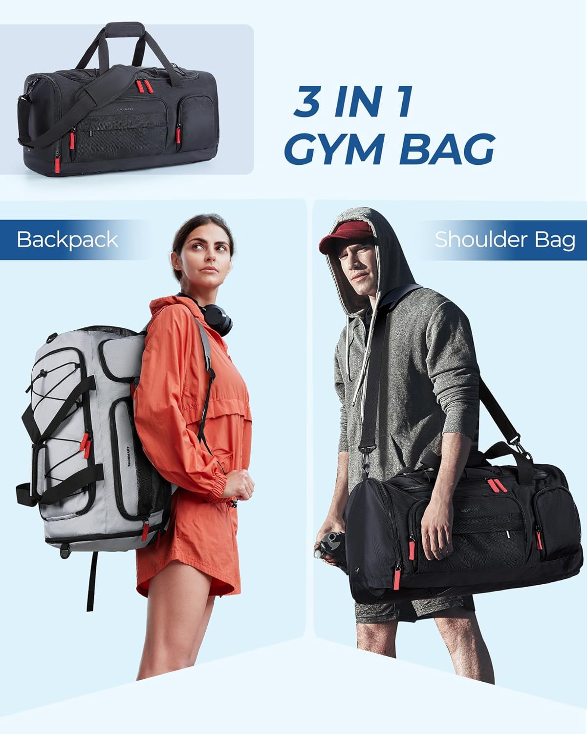 Gym Bag for Women & Men, 35L Sports Travel Duffel Bag with Compartment, Black